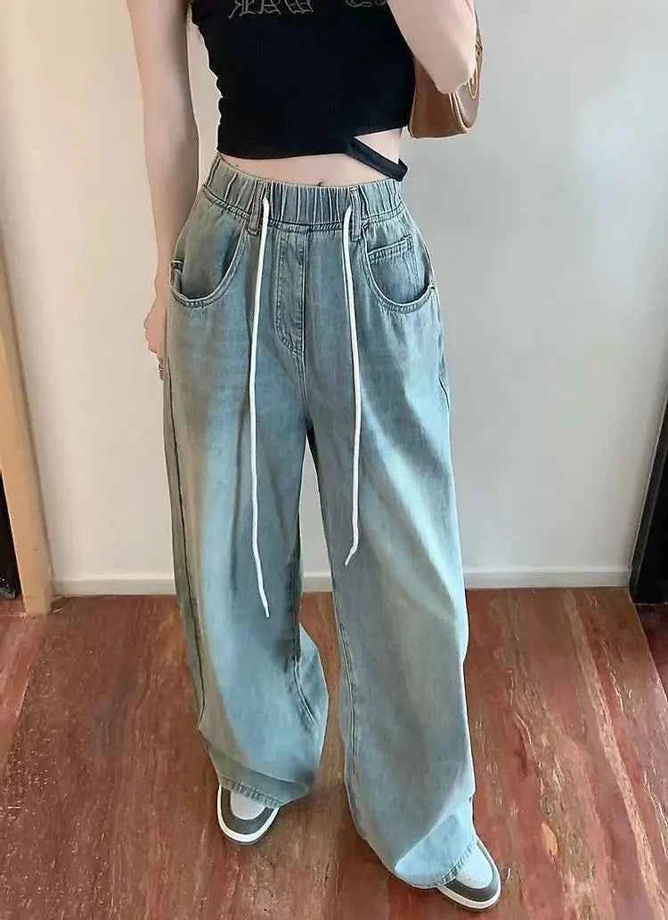 Waist Drawstring Jeans for Women in Spring Summer Korean Version Ins High Waist Slimming Student Straight Wide-leg Floor Pants