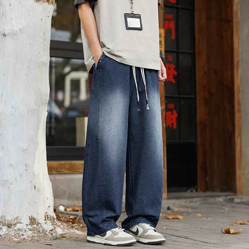 Men's Vintage Washed Wide Leg Jeans Elastic Drawstring Waist Baggy Streetwear Denim Trousers oversized Trousers fit