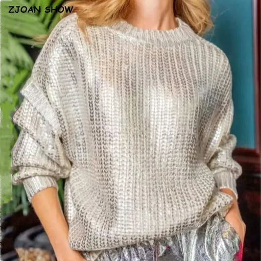 2024 Spring Women Retro Bronzing Silver Sweater Drop Shoulder Long Sleeve Rib Knitted Pullover Knitwear Jumper - GONZALES ONLINE SHOP