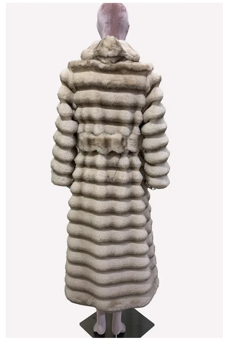 Nerazzurri Winter Long Striped Thick Warm Fluffy Faux Chinchilla Fur Coat Women Shawl Collar Elegant Chic Luxury Furry Overcoat - GONZALES ONLINE SHOP
