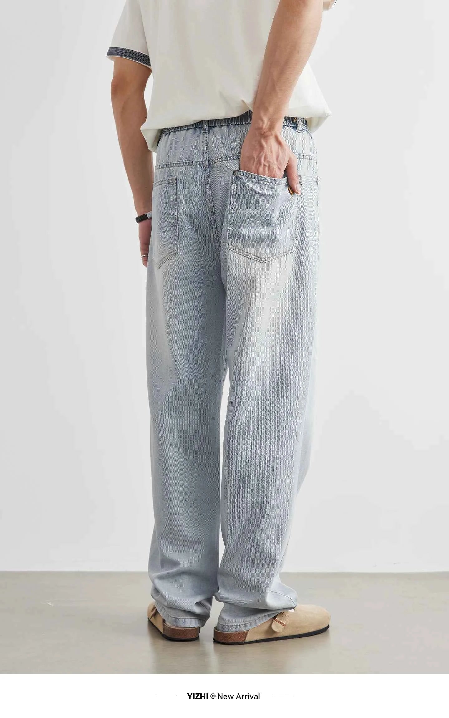 Fashion Men's Drawstring Elastic Waist Street Style Drape Jeans 2025 Summer Light Blue Washed Loose Straight Casual Pants