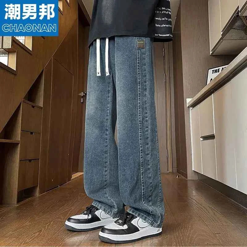 Men's Drawstring Waist Loose Straight Leg Jeans Summer Casual Wide Leg Denim Pants