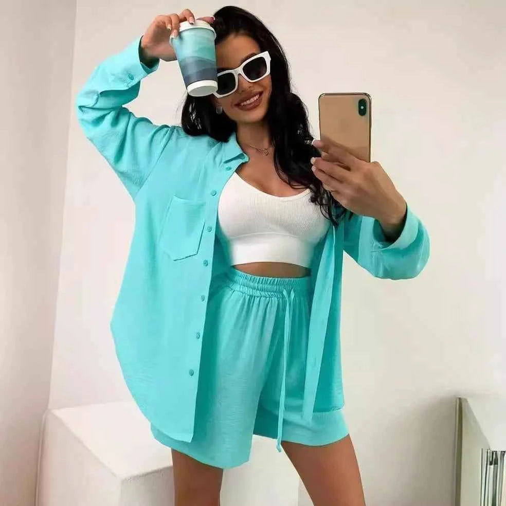 Three sisters 2025 New Summer Women's Solid Single breasted Long Sleeve Shirt Loose Fashion Casual Shorts Beach Wholesale suit