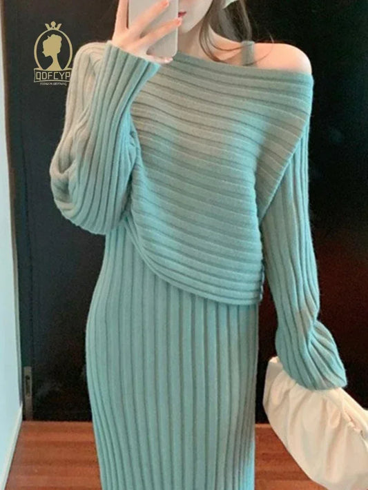 Women's Dress Sets Autumn Winter 2024 New Temperament Pullover Long Sleeve Knit Sundress Fashion Two-piece Dress Set for Women - GONZALES ONLINE SHOP