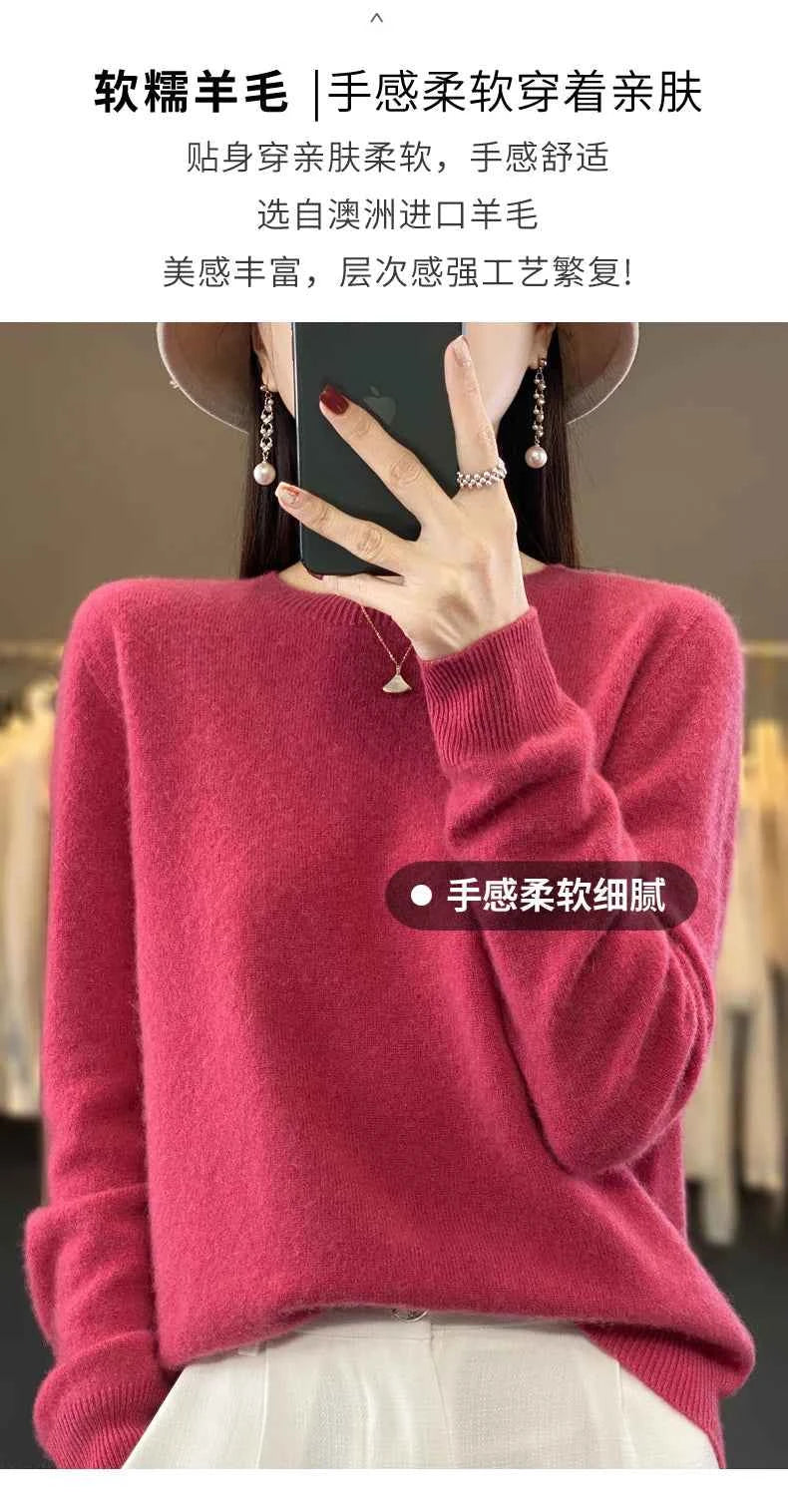 100% Merino Wool Sweater Women O-neck Cashmere Knitwear Female Pullover Autumn Winter Casual Tops Solid Color Soft Clothing