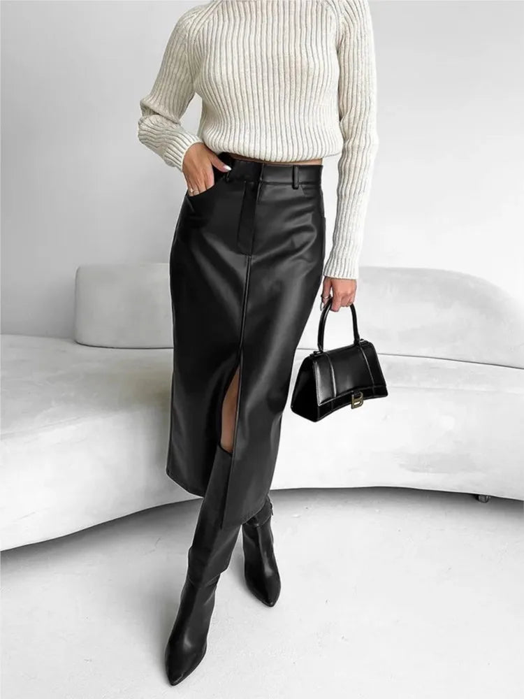 Leather Skirt High Waist Women Front Slit Spring Autumn Long Skirt High Waisted Office Lady Slim Skirts Elegant Ropa De Mujer GONZALES ONLINE SHOP