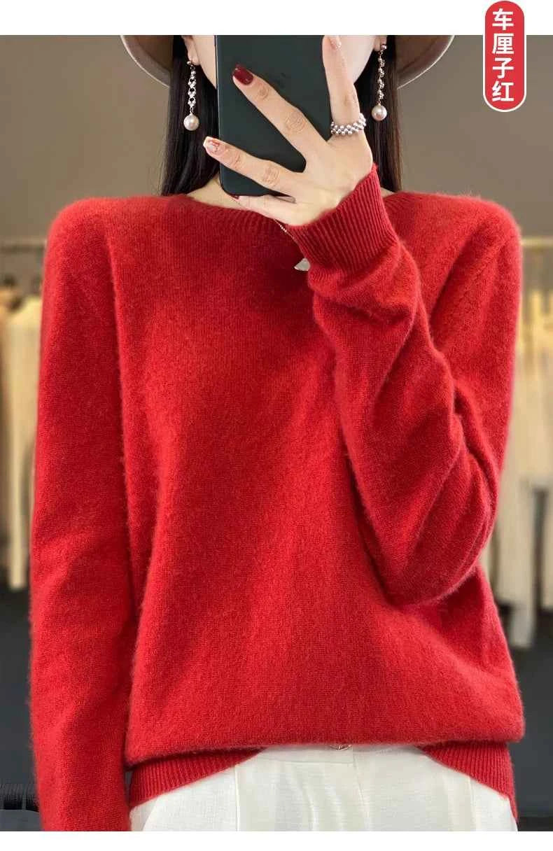 100% Merino Wool Sweater Women O-neck Cashmere Knitwear Female Pullover Autumn Winter Casual Tops Solid Color Soft Clothing