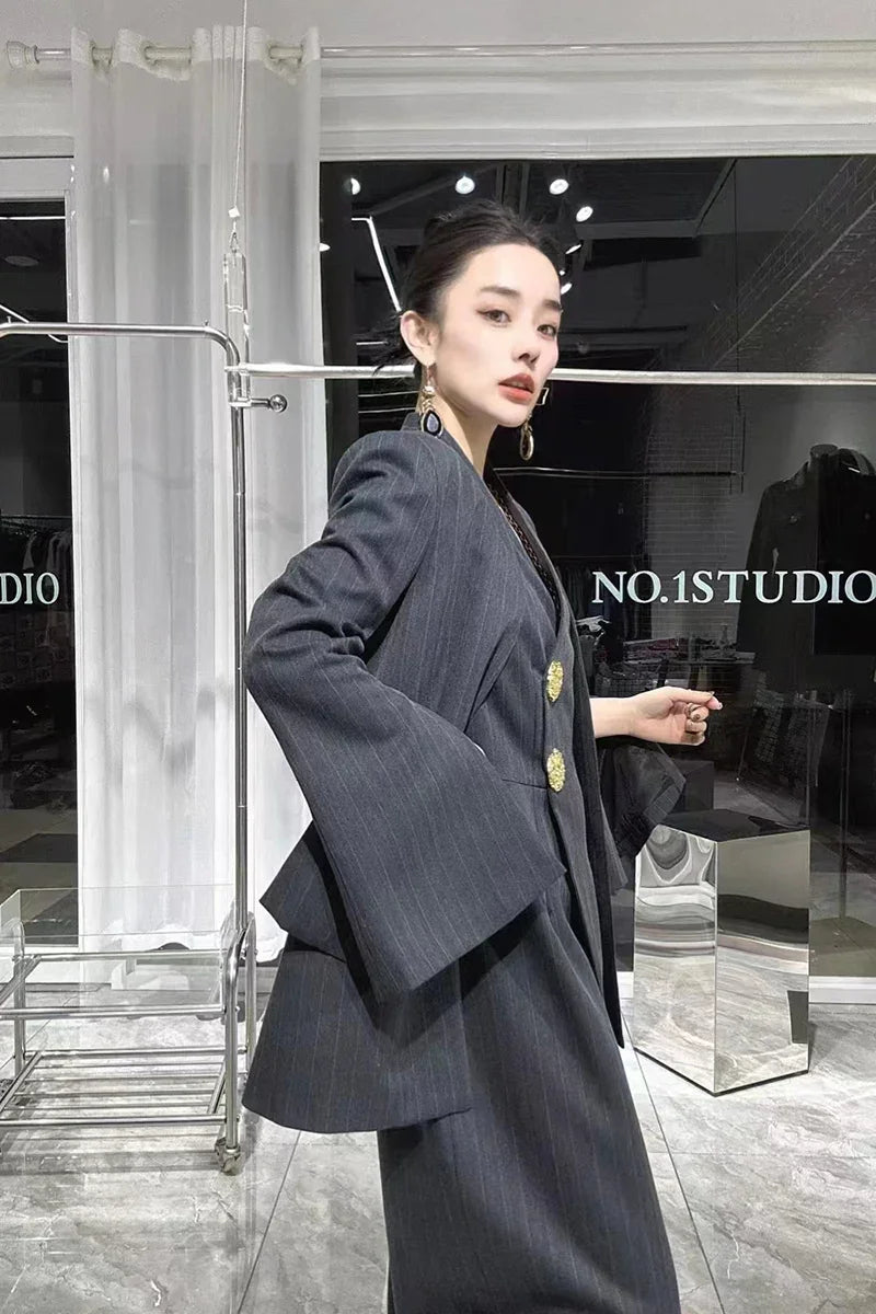 SuperAen 2023 Winter New Korean Dark Stripe V-Neck Split Dress Paired with A Fashionable Two Piece Suit Coat - GONZALES ONLINE SHOP