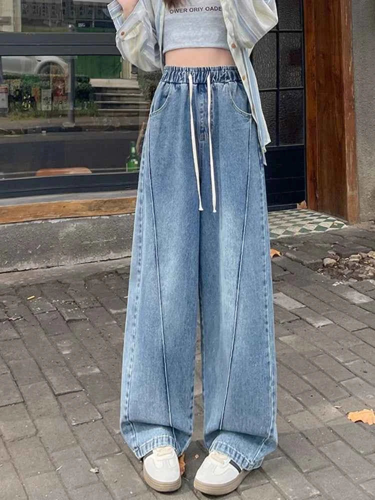 High Waist Slimming Drawstring Tie Elastic Waist Floor-Length Curved Sickle Pants 2026 Spring New Women's Trendy Wide Leg Jeans