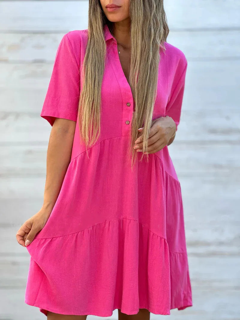Loose Solid Casual Cotton And Linen Dress Women Summer Short Sleeve Ruffle Stitching Button Shirt Dress Women's Holiday Clothing GONZALES ONLINE SHOP