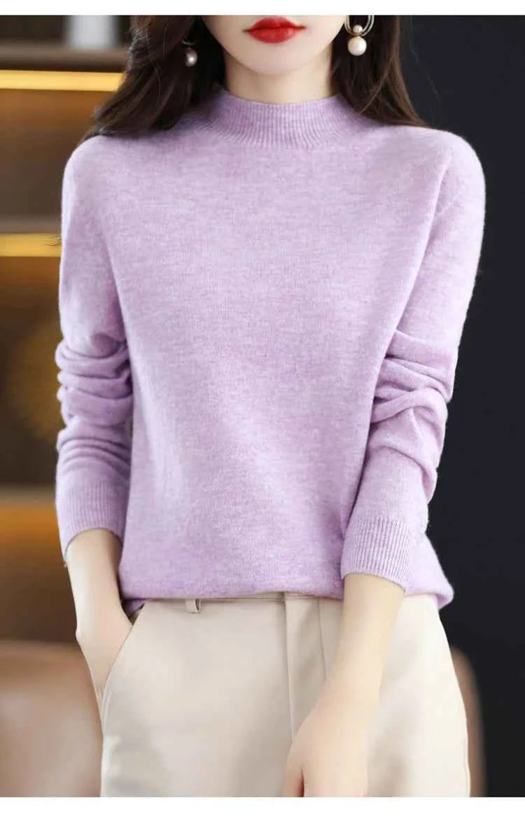 Half High Solid Color Cashmere Sweater For Women Loose Pullover Autumn and Winter Contracted Commuter Basic Knitwear Top Base