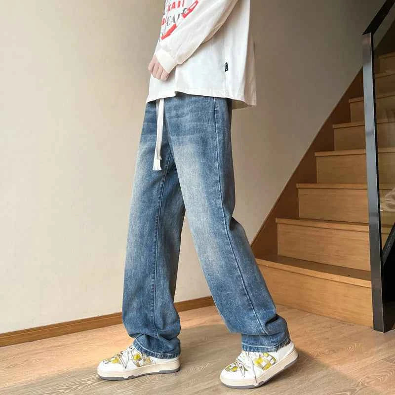 American retro drawstring jeans for men in spring and autumn fashion, washed with water, loose and versatile, men's denim pants