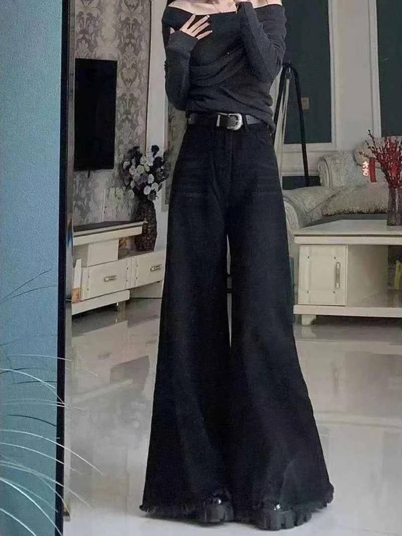 Black Wide Leg Jeans Women Autumn Vintage Raw Edge Tassels Bootcut Denim Pants Loose High Waist Streetwear Harajuku Trouser New