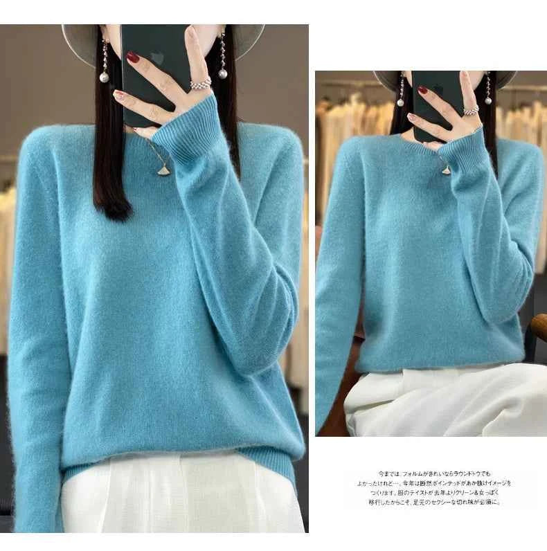 100% Merino Wool Sweater Women O-neck Cashmere Knitwear Female Pullover Autumn Winter Casual Tops Solid Color Soft Clothing