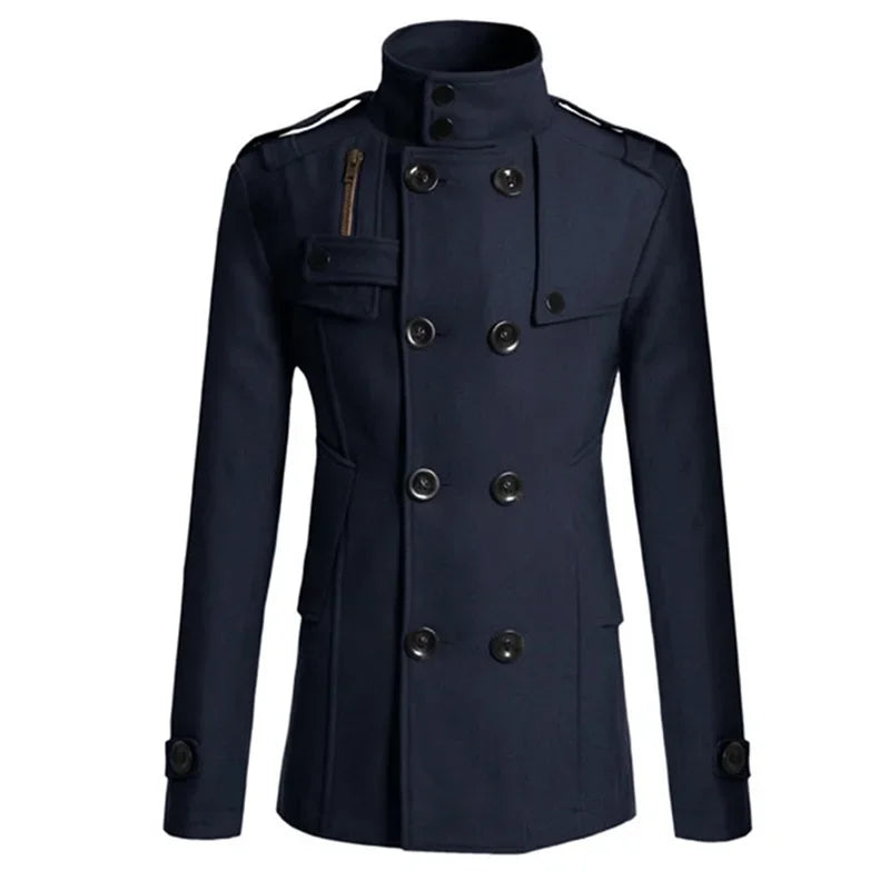 Men s Solid Color Trench Coat Long Sleeve Stand Collar Double Breasted Warm Soft Wool Overcoat - GONZALES ONLINE SHOP