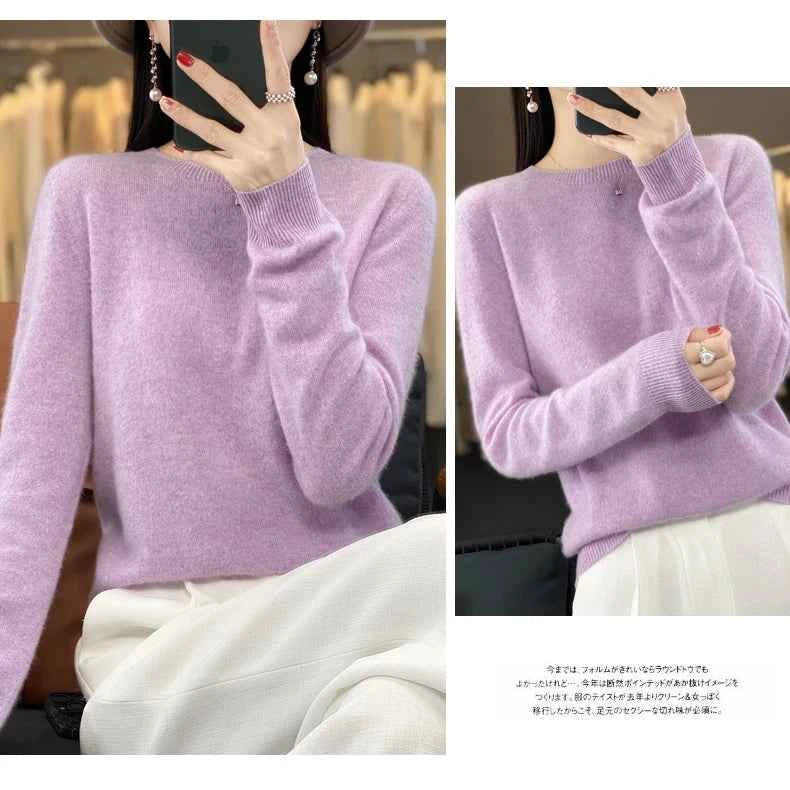 100% Merino Wool Sweater Women O-neck Cashmere Knitwear Female Pullover Autumn Winter Casual Tops Solid Color Soft Clothing