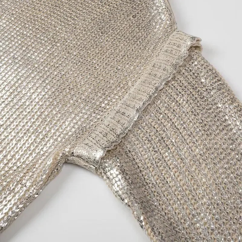 2024 Spring Women Retro Bronzing Silver Sweater Drop Shoulder Long Sleeve Rib Knitted Pullover Knitwear Jumper - GONZALES ONLINE SHOP