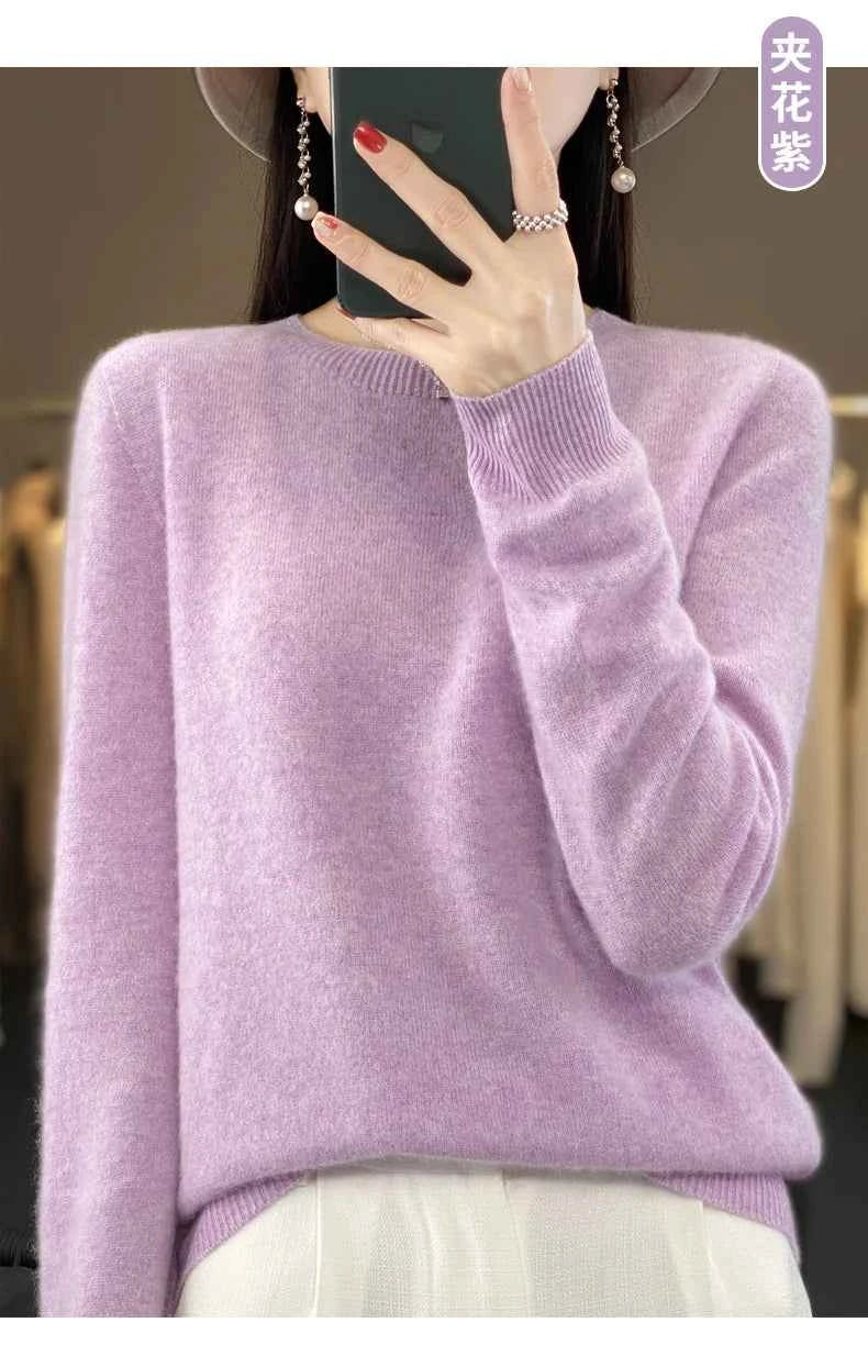 100% Merino Wool Sweater Women O-neck Cashmere Knitwear Female Pullover Autumn Winter Casual Tops Solid Color Soft Clothing