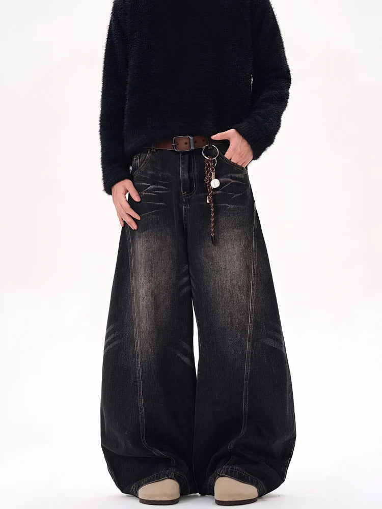 Vintage Black Washed Baggy Jeans Pants Men Wide leg Curved Blade Pants Streetwear Cowboy Casual Denim Straight Trousers GONZALES ONLINE SHOP