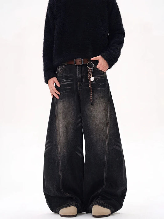 Vintage Black Washed Baggy Jeans Pants Men Wide leg Curved Blade Pants Streetwear Cowboy Casual Denim Straight Trousers GONZALES ONLINE SHOP