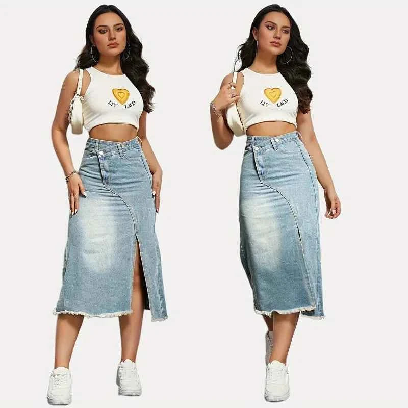 1pcs Vintage Denim Skirt for Women Fashion A Line Skirt High Waist Mid Length Denim Half Body Skirt