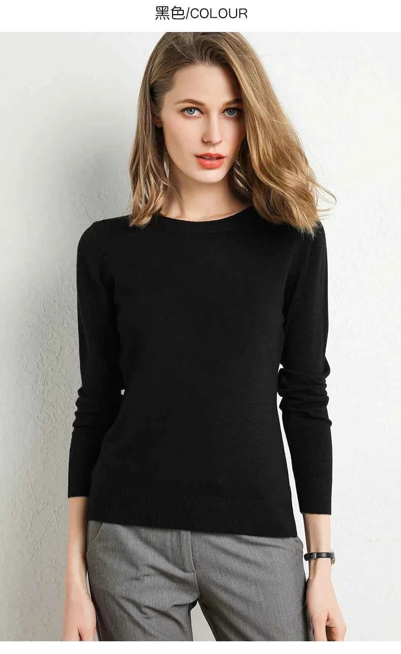 Women Slim O-Neck Solid Pullover Cashmere Wool Blending Sweater Autumn And Winter Long-Sleeved Knit Bottoming Shirt Large Size