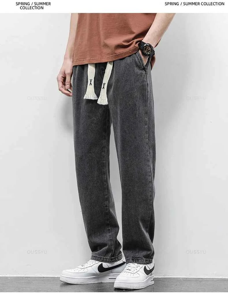 High Quality Fully Elastic Waist Men's Jeans Cotton Soft Drawstring Straight Pants Korea Casual Trousers Male Plus Size S-5XL