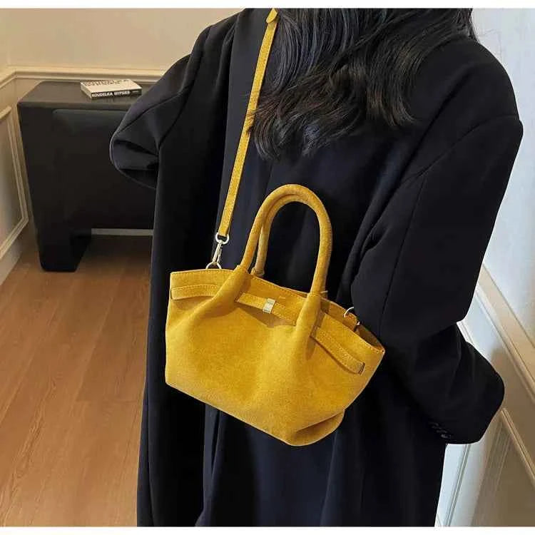 Matte Leather Suede Tote Handbags for Women Large Capacity Retro Shoulder Bag Fall Winter Belt Design Female Crossbody Bags