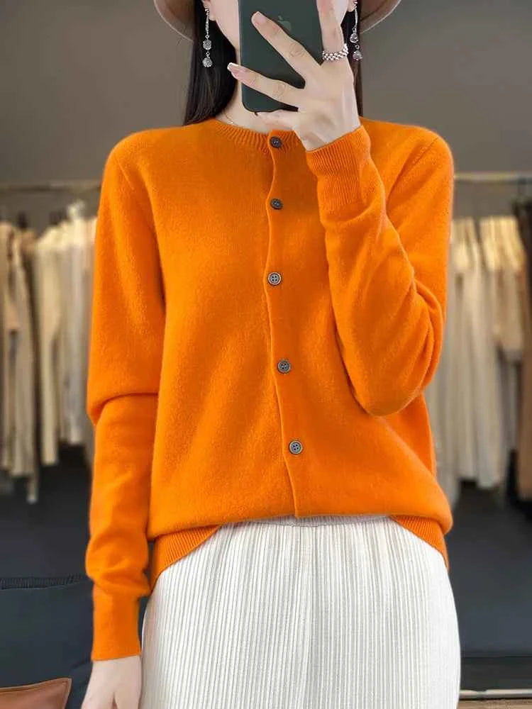 100% Merino Wool Sweater Women O-Neck Cardigan Basic Style Buttoned Knitwear Female Casual Autumn Winter Soft Tops