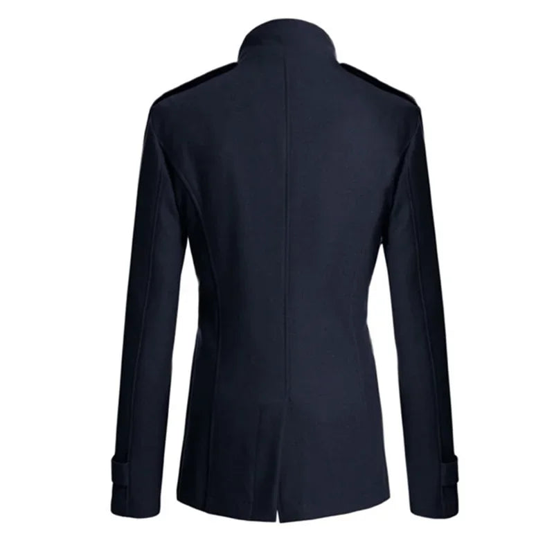 Men s Solid Color Trench Coat Long Sleeve Stand Collar Double Breasted Warm Soft Wool Overcoat - GONZALES ONLINE SHOP