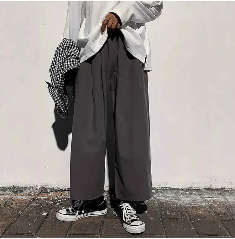 Wide Leg Pants Men Drape Straight Loose Harajuku Vintage Japan Style Ankle-length Trousers Cozy Versatile Black Pantalones Male
