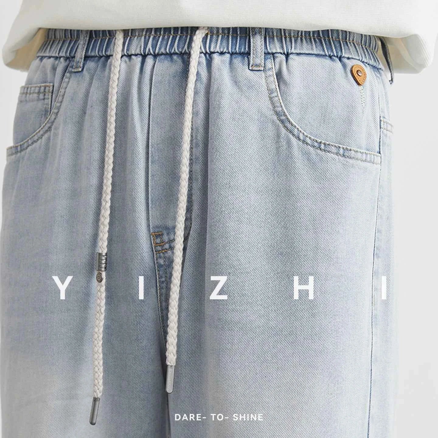 Fashion Men's Drawstring Elastic Waist Street Style Drape Jeans 2025 Summer Light Blue Washed Loose Straight Casual Pants