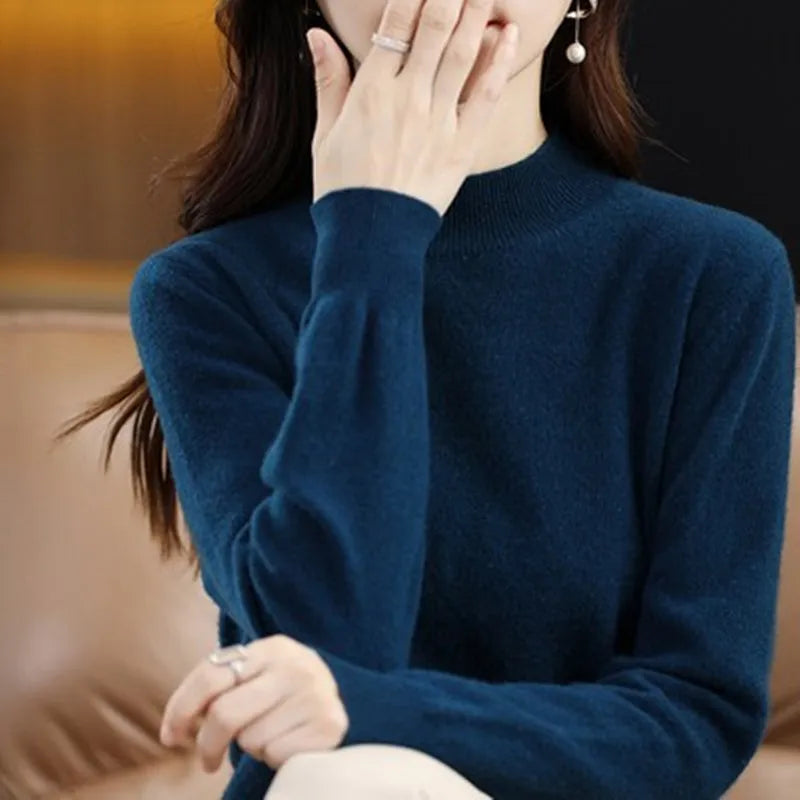 Half High Solid Color Cashmere Sweater For Women Loose Pullover Autumn and Winter Contracted Commuter Basic Knitwear Top Base GONZALES ONLINE SHOP