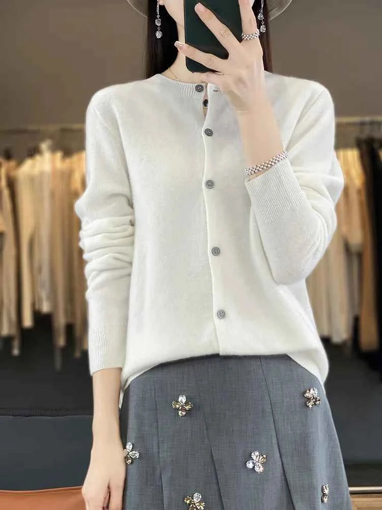 100% Merino Wool Sweater Women O-Neck Cardigan Basic Style Buttoned Knitwear Female Casual Autumn Winter Soft Tops