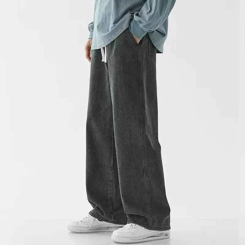 Light Wash Men's Drawstring Jeans Loose Straight Leg Floor-Length Trendy Casual Wide Leg Long Trousers Comfortable Fit
