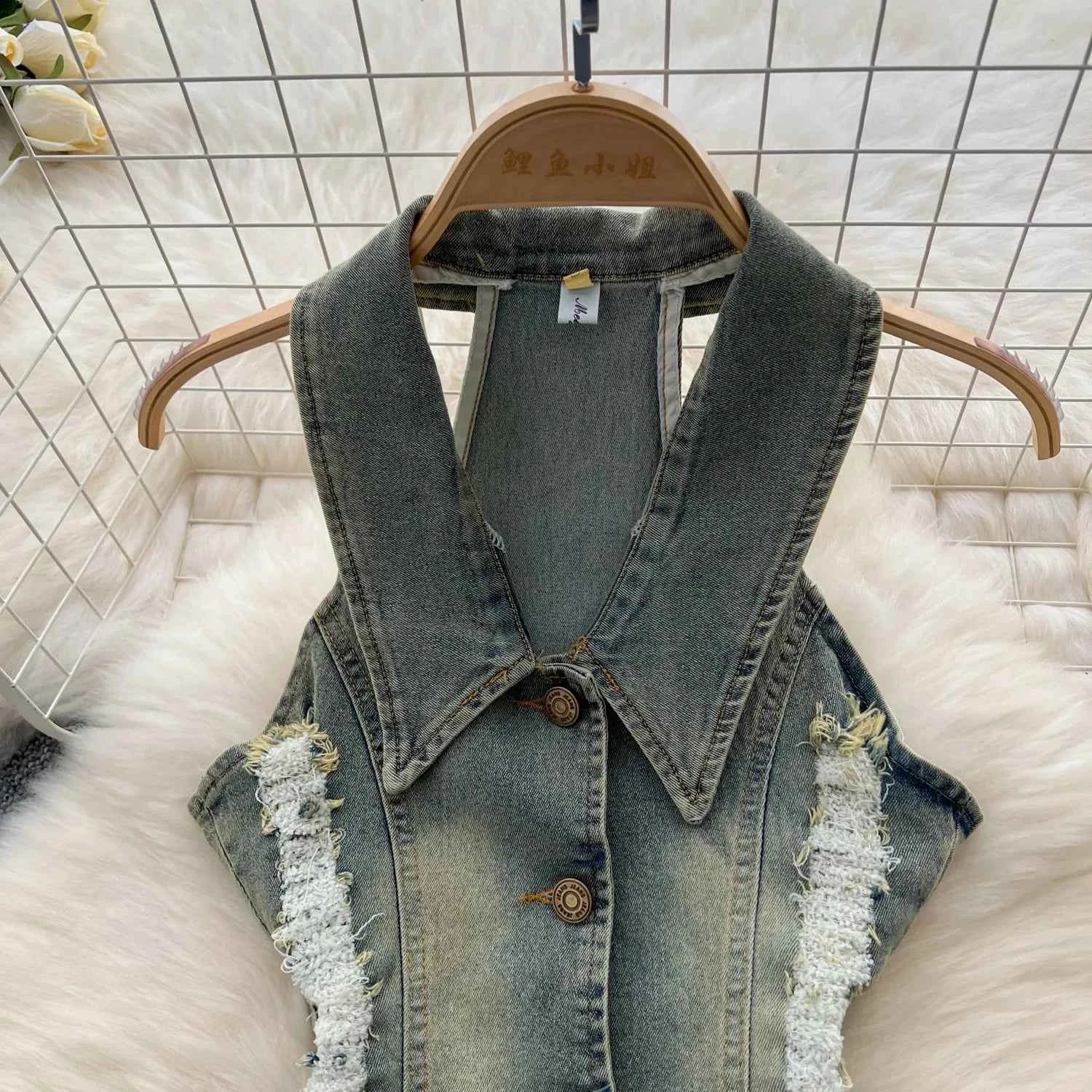 American Retro Washed Denim Two-piece Set,Women's New Summer Vintage Hang-the-neck Sleeveless Lapel Top with Slit Slimming Skirt