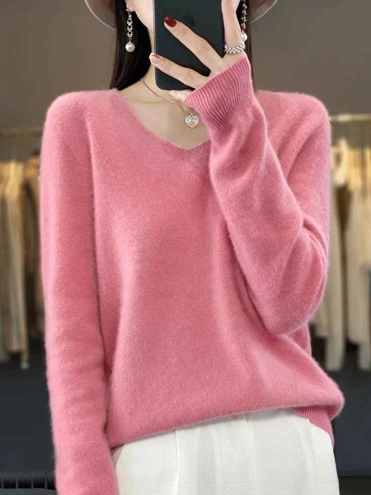 Fashion100% Merino Wool Sweater Cashmere Pullover Women Knitwear V-Neck Long Sleeve Autumn Winter Fashion Basic Clothing Tops