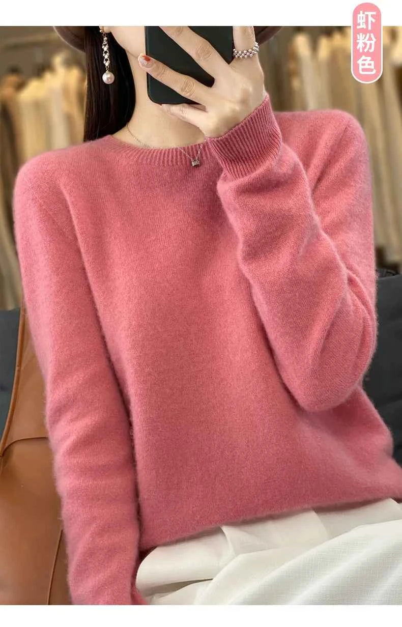 100% Merino Wool Sweater Women O-neck Cashmere Knitwear Female Pullover Autumn Winter Casual Tops Solid Color Soft Clothing