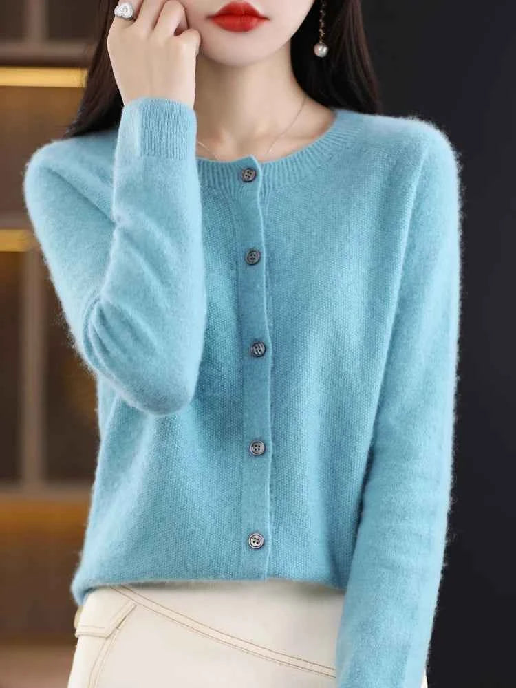 Women Cashmere Sweater 100% Merino Wool Knitted Cardigan Autumn Winter Knitwear O-Neck Female Solid Color Casual Fashion Top