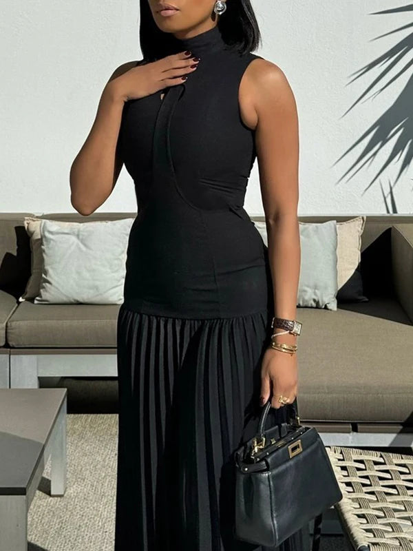 Freeacy 2024 New Women's Bodycon Dress Solid Black High Neck Sleeveless Pleated A-line Dress Summer Elegant Evening Dresses GONZALES ONLINE SHOP