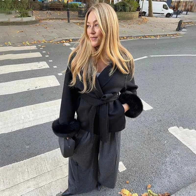 TARUXY Fox Fur Woolen Coats Women's Short Coat Office Lady Removable Elegant Double-sided Wool Overcoat 2025 New Cardigan Jacket