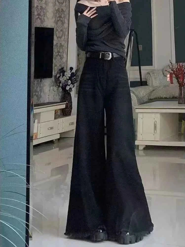 Black Wide Leg Jeans Women Autumn Vintage Raw Edge Tassels Bootcut Denim Pants Loose High Waist Streetwear Harajuku Trouser New