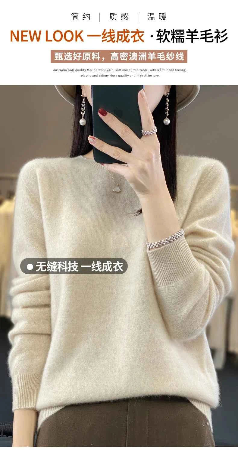 100% Merino Wool Sweater Women O-neck Cashmere Knitwear Female Pullover Autumn Winter Casual Tops Solid Color Soft Clothing