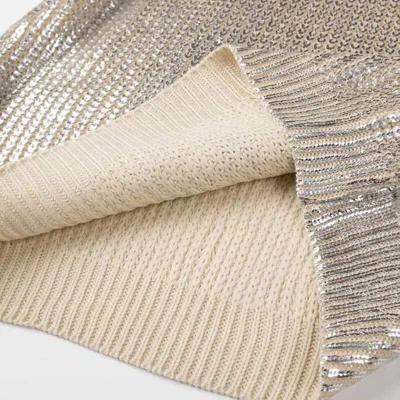 2024 Spring Women Retro Bronzing Silver Sweater Drop Shoulder Long Sleeve Rib Knitted Pullover Knitwear Jumper - GONZALES ONLINE SHOP