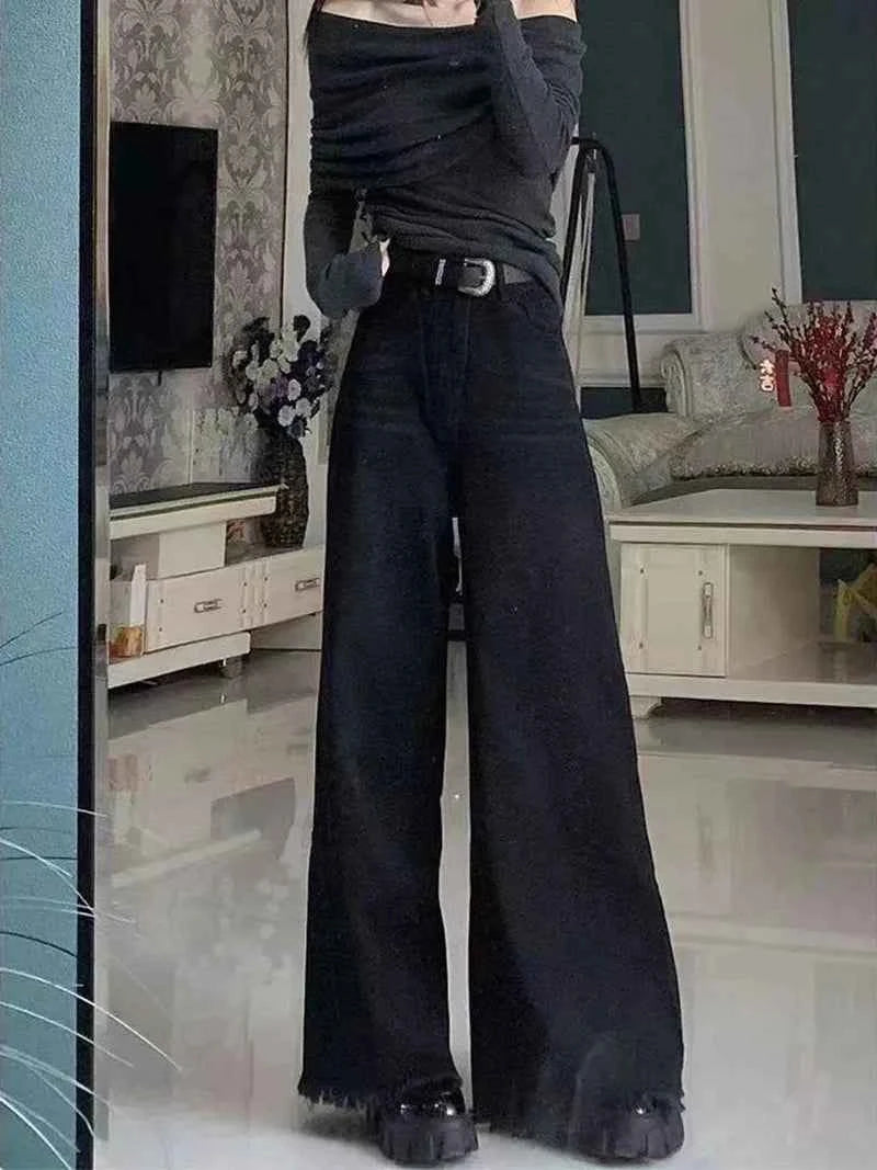 Black Wide Leg Jeans Women Autumn Vintage Raw Edge Tassels Bootcut Denim Pants Loose High Waist Streetwear Harajuku Trouser New