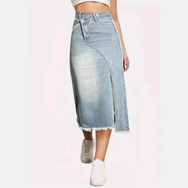 DongCMY Luxury Fashion Spring And Summer New Retro Denim Skirt Women's Fashion Slit Splicing Mid-length A-line Skirt