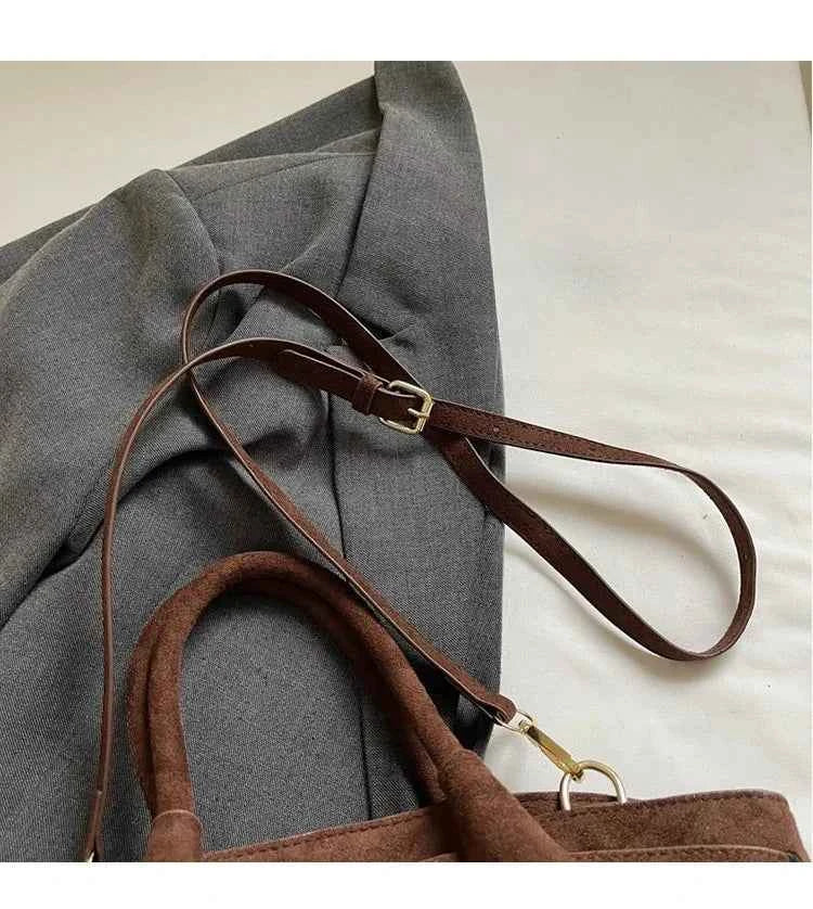 Matte Leather Suede Tote Handbags for Women Large Capacity Retro Shoulder Bag Fall Winter Belt Design Female Crossbody Bags