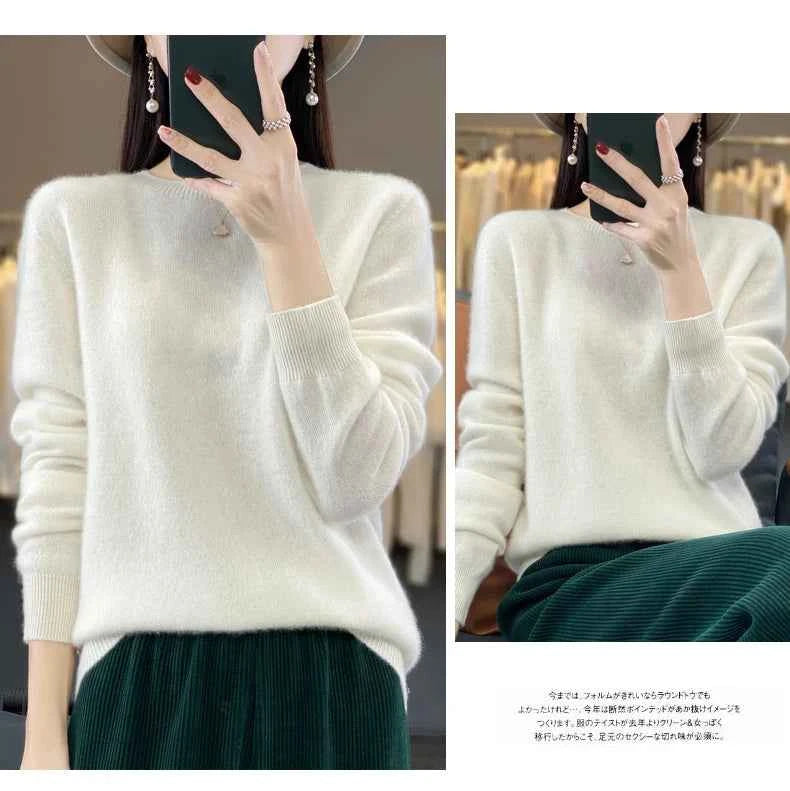 100% Merino Wool Sweater Women O-neck Cashmere Knitwear Female Pullover Autumn Winter Casual Tops Solid Color Soft Clothing