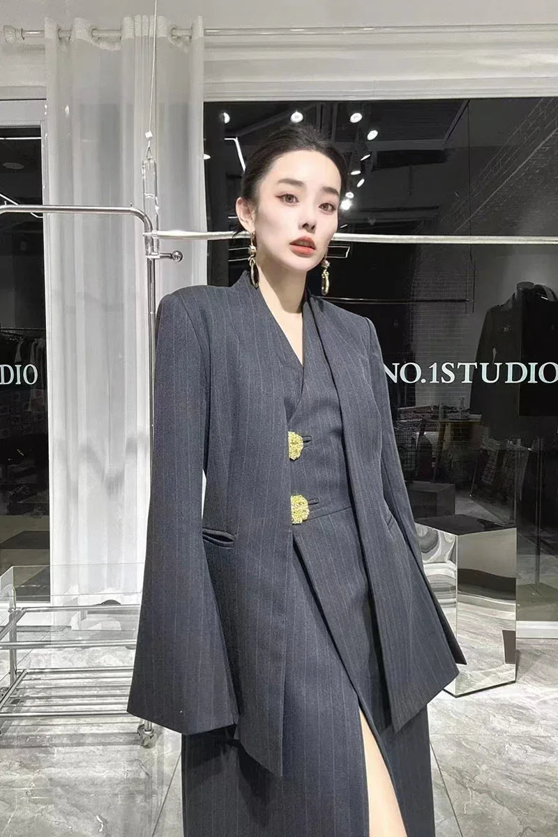 SuperAen 2023 Winter New Korean Dark Stripe V-Neck Split Dress Paired with A Fashionable Two Piece Suit Coat - GONZALES ONLINE SHOP