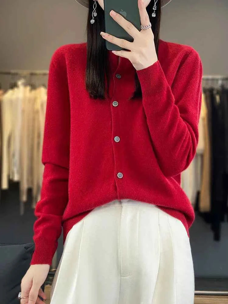 100% Merino Wool Sweater Women O-Neck Cardigan Basic Style Buttoned Knitwear Female Casual Autumn Winter Soft Tops